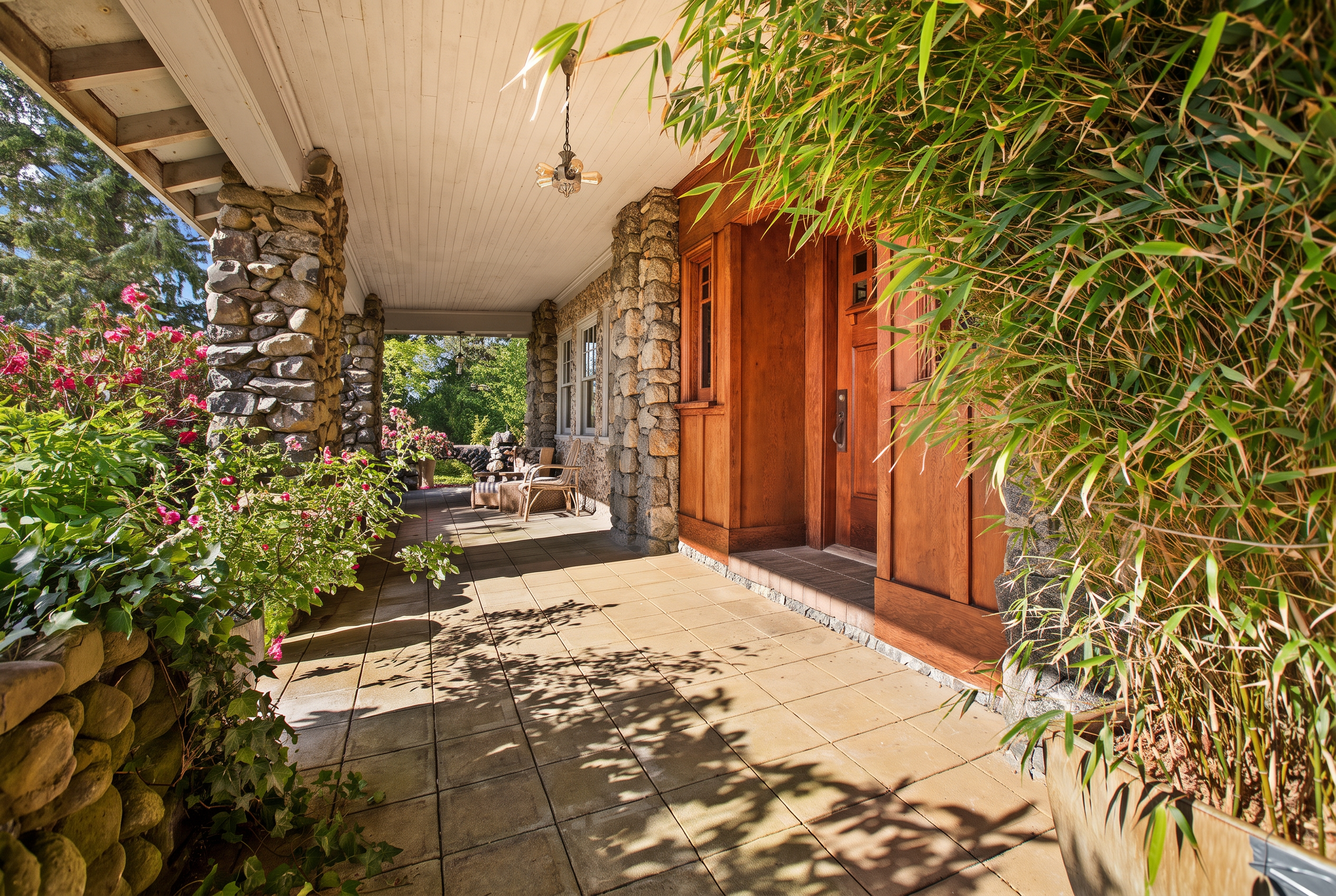 Front door and covered stone porch of Kinney Cott, framed by bamboo and flowering rhododendrons