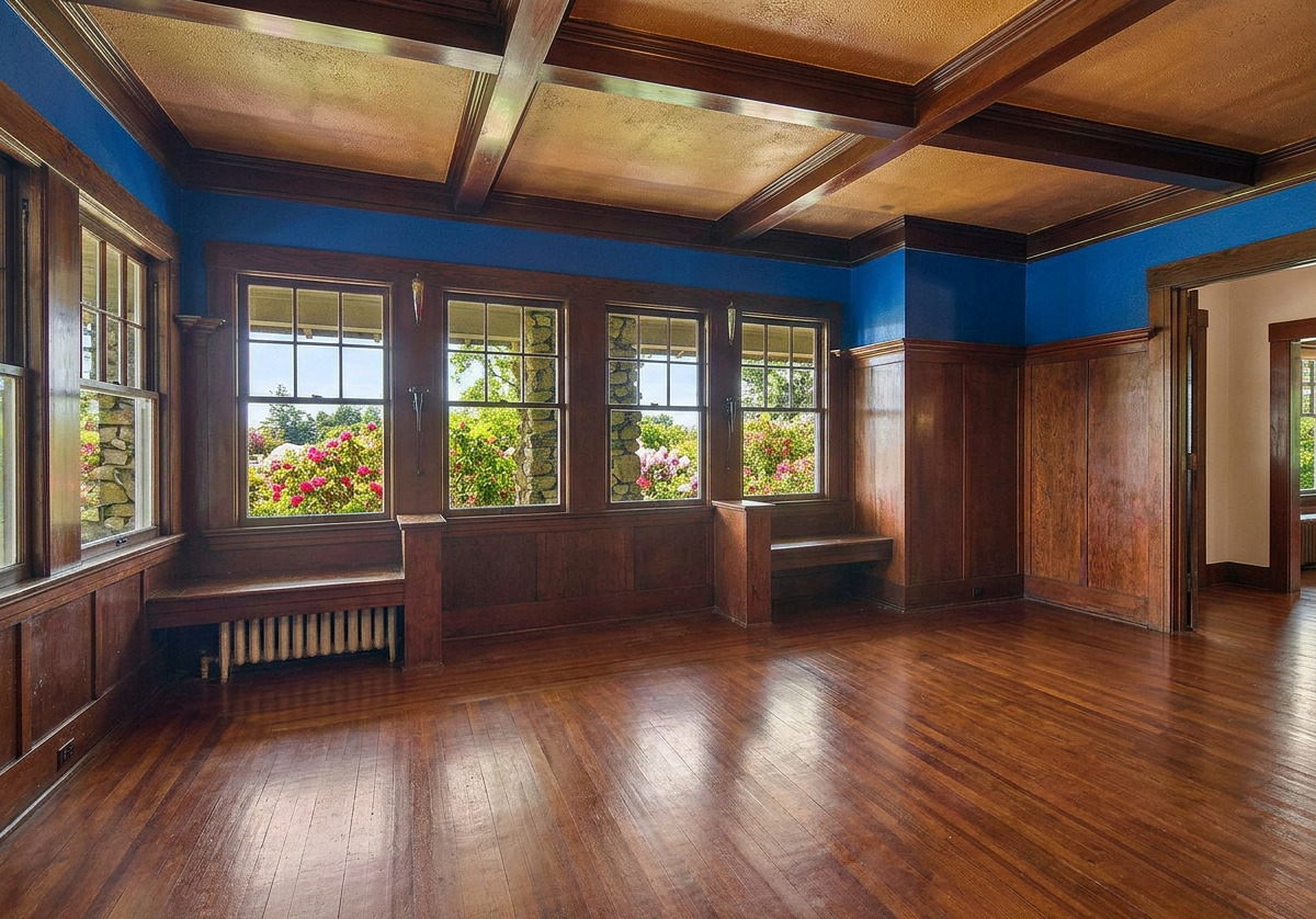 Dining room with coffered wood ceiling and window seats, shown vacant